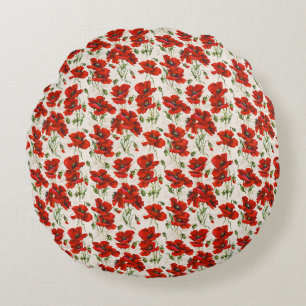 Vintage Red Poppy Floral Pattern Botanical Art Round Pillow
