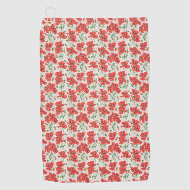 Vintage Red Poppy Floral Pattern Golf Towel (Front)
