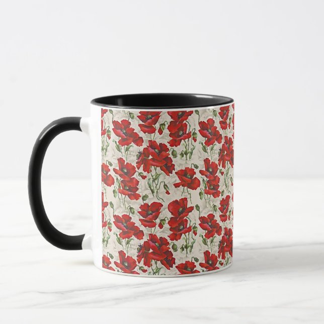 Vintage Red Poppy Floral Pattern Mug (Left)