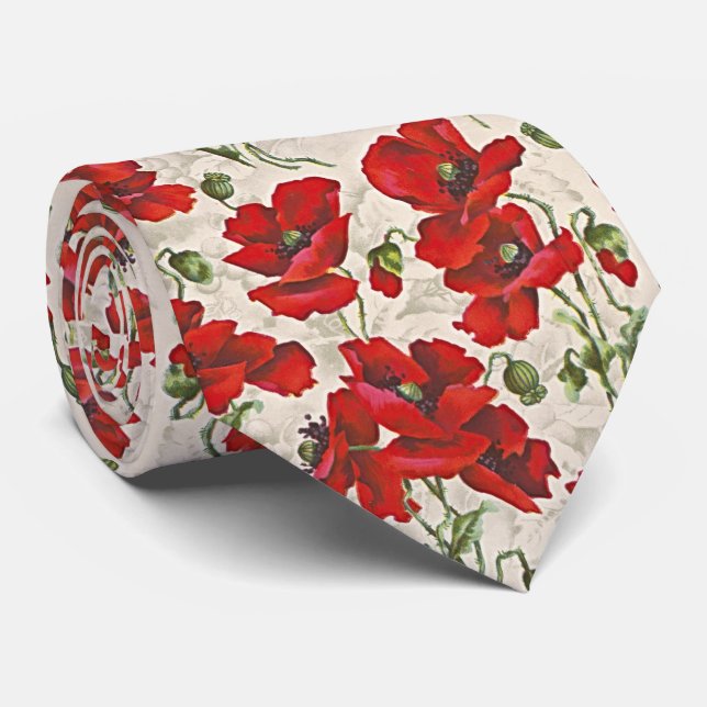 Vintage Red Poppy Floral Pattern Tie (Rolled)