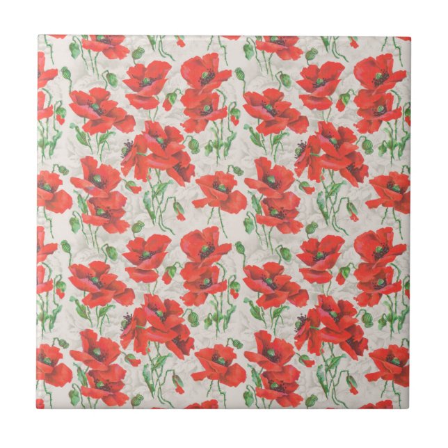 Vintage Red Poppy Floral Pattern Tile (Front)