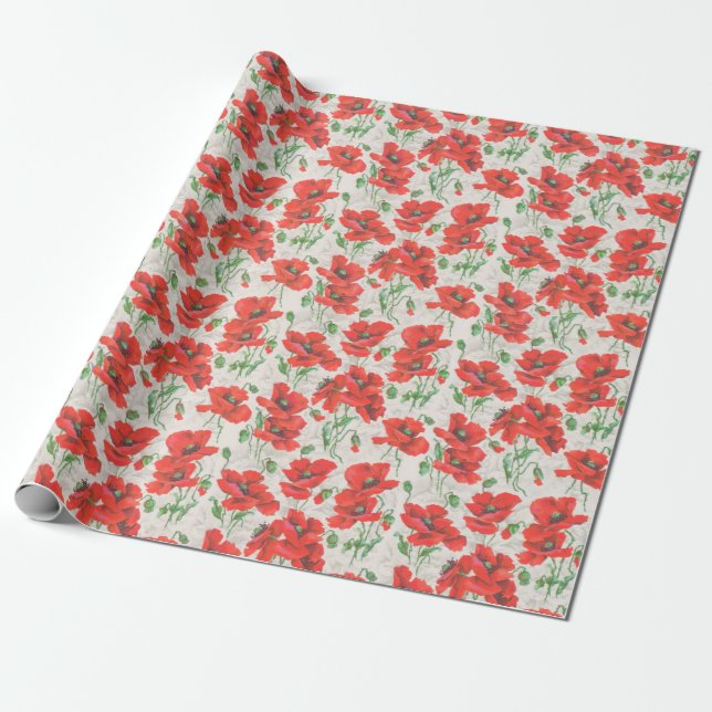 Vintage Red Poppy Floral Pattern Wrapping Paper (Unrolled)
