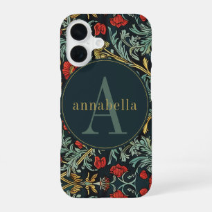 Vintage Red Poppy Floral William Morris Monogram iPhone 16 Case