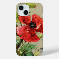 VINTAGE RED POPPY FLOWER IN GREY