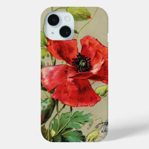 VINTAGE RED POPPY FLOWER IN GREY iPhone 15 CASE