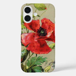 VINTAGE RED POPPY FLOWER IN GREY iPhone 16 CASE