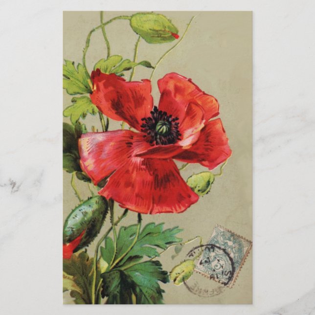 VINTAGE RED POPPY FLOWER STATIONERY (Front)