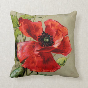 Vintage Red Poppy Throw Pillow