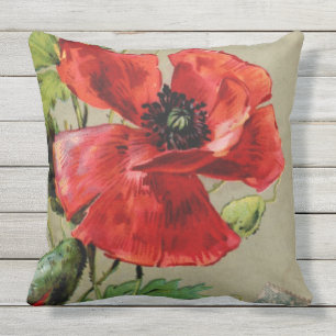 Vintage Red Poppy Throw Pillow