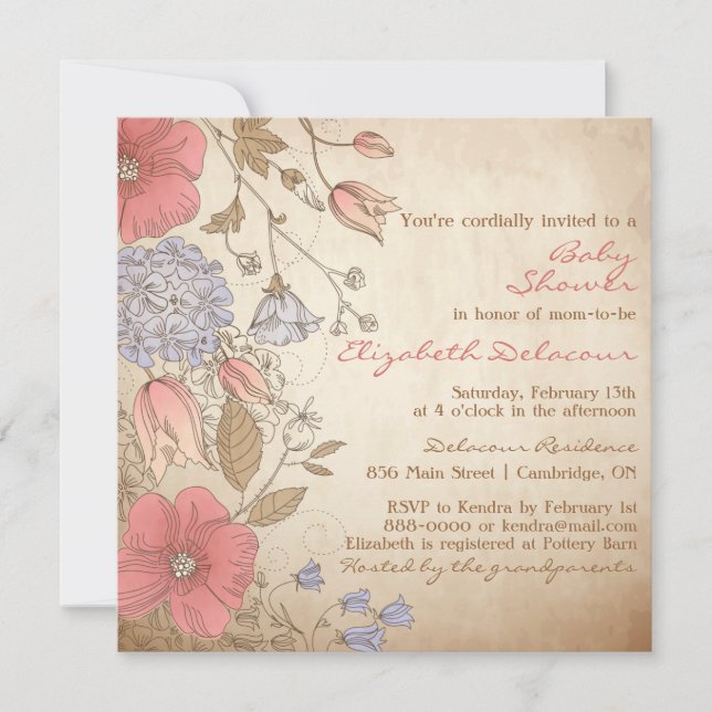 Vintage Red & Purple Flowers Baby Shower Invitation (Front)