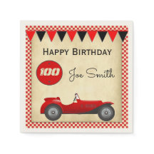Vintage red race car and flags 100 birthday