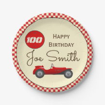 Vintage red race car and flags 100 birthday