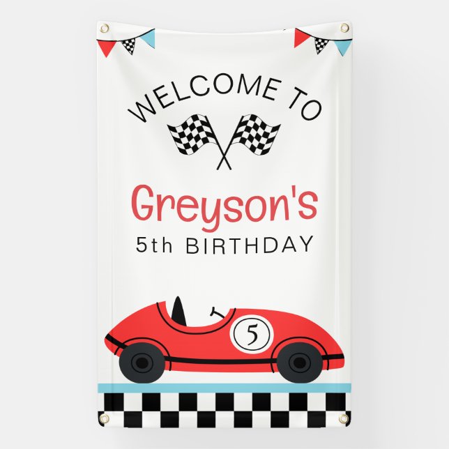 Vintage Red Race Car Fast Birthday Welcome Banner (Vertical)