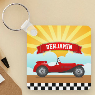 Vintage Red Race Car Personalized Name Kids Room Keychain