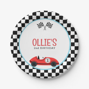 Vintage Red Race Car TWO Fast Birthday Paper Plate