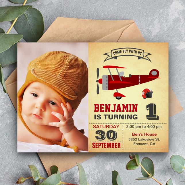 Vintage Red Retro Airplane Birthday Invitation (Creator Uploaded)