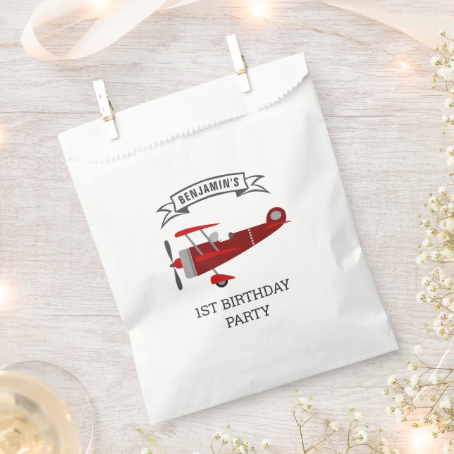 Vintage Red Retro Airplane Birthday Party Favour Bag (Clipped)