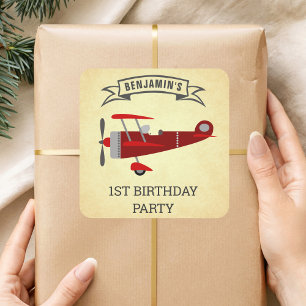 Vintage Red Retro Airplane Birthday Party Favour Square Sticker