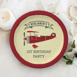 Vintage Red Retro Airplane Birthday Party Paper Plate