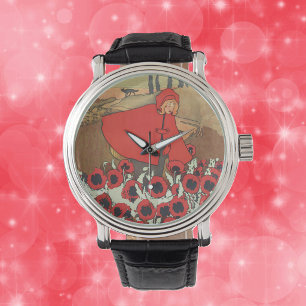 Vintage Red Riding Hood Wolf Poppy Flowers Watch