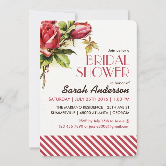 Vintage Red Rose and Stripes Pattern Invitation (Front)