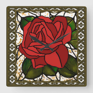 Vintage Red Rose Art Deco Square Wall Clock