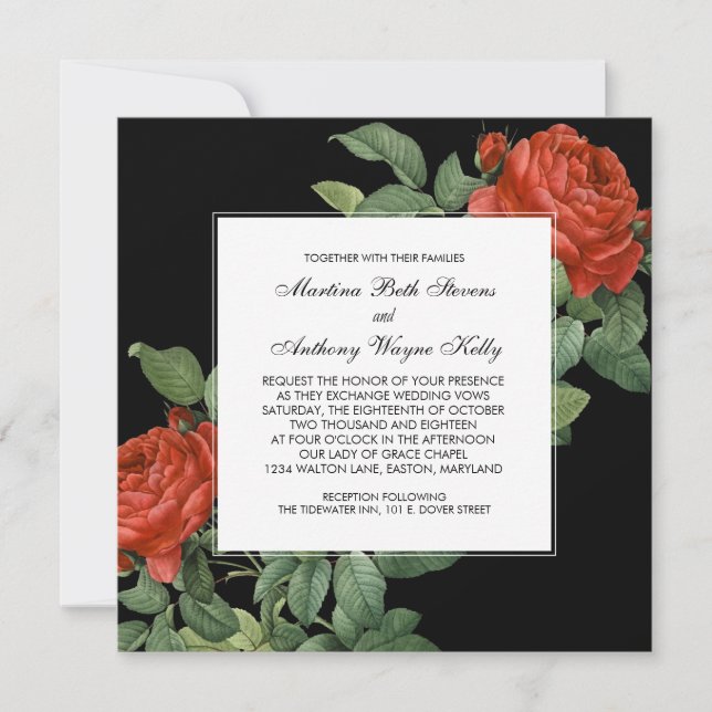 Vintage Red Rose Botanical Wedding Invitation (Front)