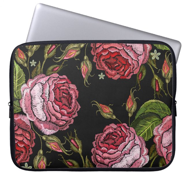 Vintage Red Rose Embroidery Pattern Laptop Sleeve (Front)
