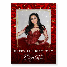 Vintage Red Rose Gold Birthday Party Photo