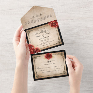 Vintage Red Rose Gold Black Parchment Wedding All In One Invitation