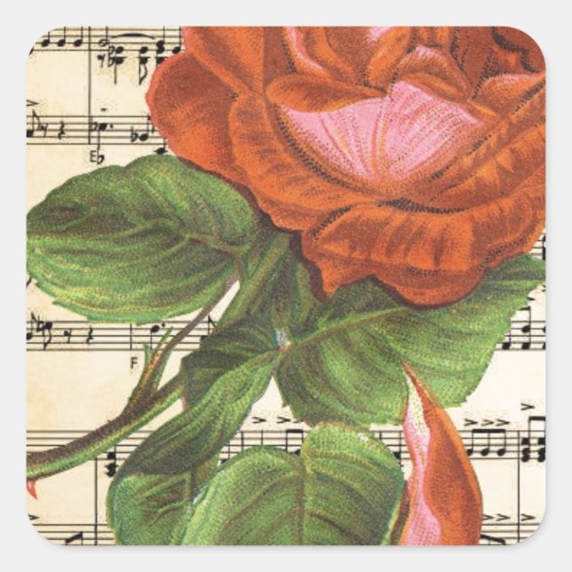 Vintage Red Rose & Music Square Sticker (Front)
