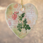 Vintage Red Rose on Pink Damask with Handwriting Ceramic Ornament<br><div class="desc">This design features a dainty rose bush with multiple stems, buds, and blooms against a vintage faux damask background with pale peach, pink, ivory, and light green. The damask has a floral pattern, almost as if sponge-painted on, as well as flowy cursive handwriting. This lovely design can add some romance...</div>