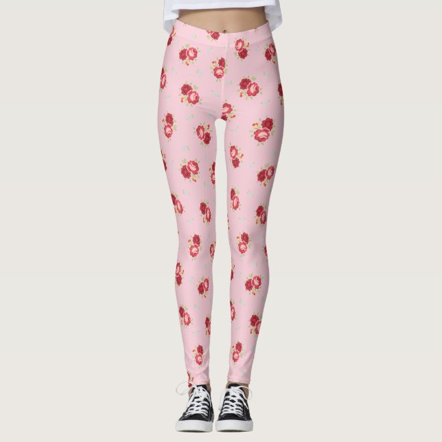Vintage Red Rose Pattern Pink Leggings (Front)
