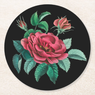 Vintage Red Rose Round Paper Coaster