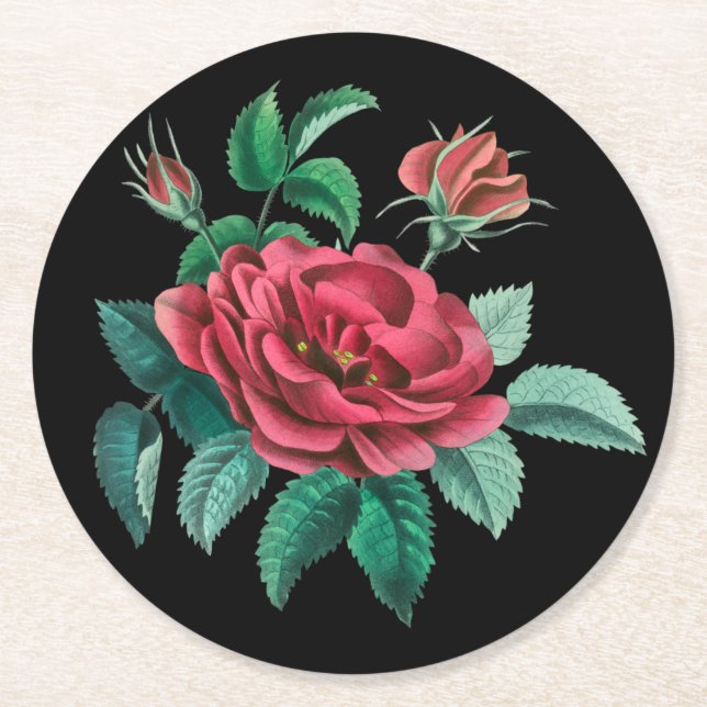 Vintage Red Rose Round Paper Coaster (Front)