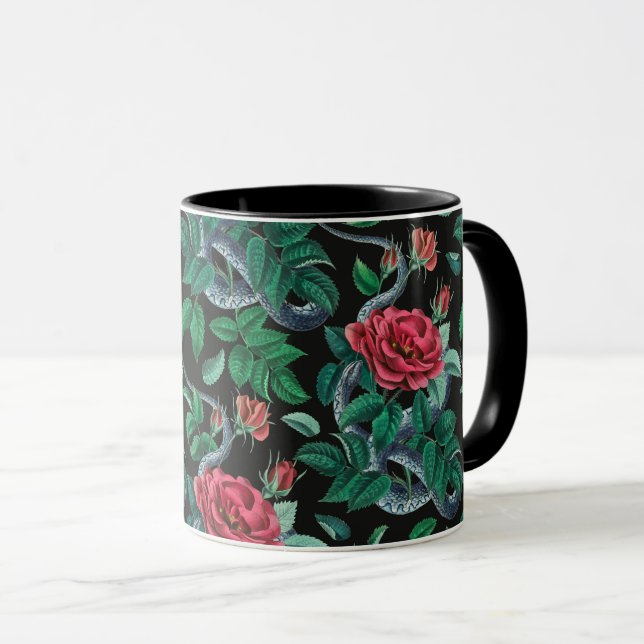 Vintage Red Rose & Snake Pattern Mug (Front Right)