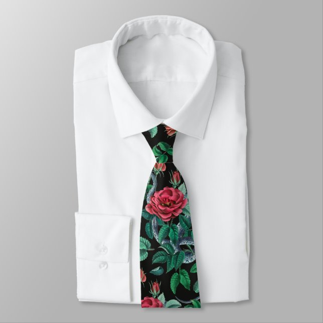 Vintage Red Rose & Snake Pattern Tie (Tied)