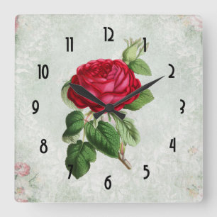 Vintage Red Rose with Foliage Square Wall Clock