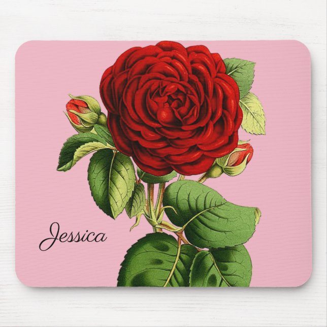Vintage Red Rose with Your Name Mouse Pad (Front)
