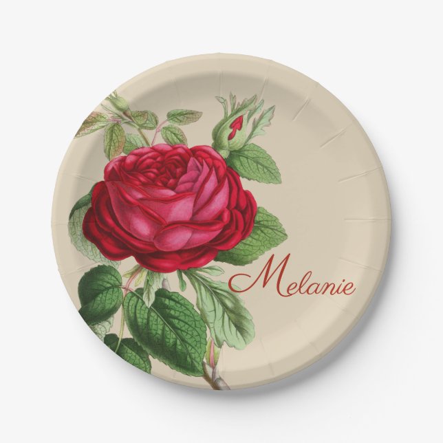 Vintage Red Rose with Your Name Paper Plate (Front)