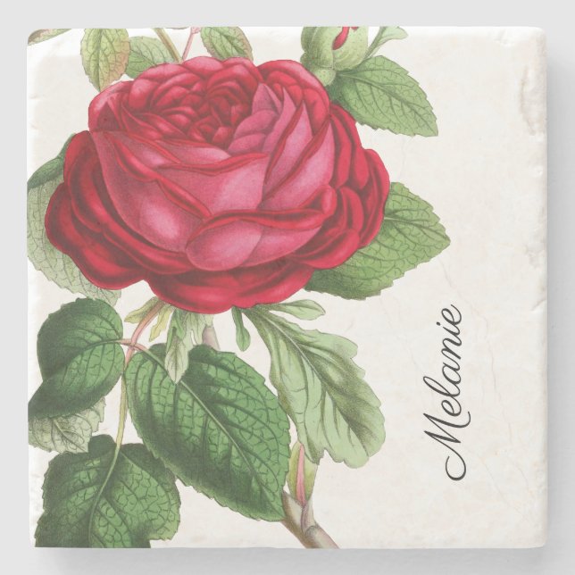 Vintage Red Rose with Your Name Stone Coaster (Front)