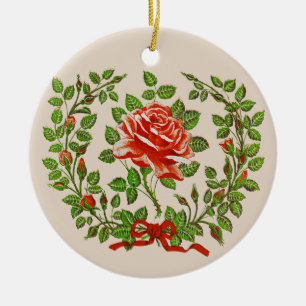 Vintage Red Rose Wreath Floral Greeting Art Ceramic Ornament