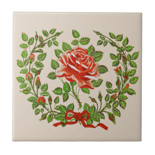 Vintage Red Rose Wreath Floral Greeting Art Tile