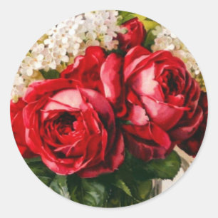 Vintage Red Roses and Baby’s Breath Classic Round Sticker