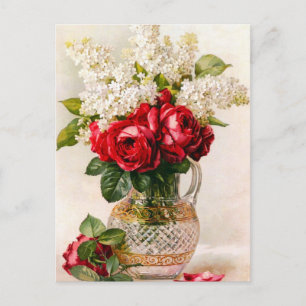 Vintage Red Roses and Baby’s Breath Postcard