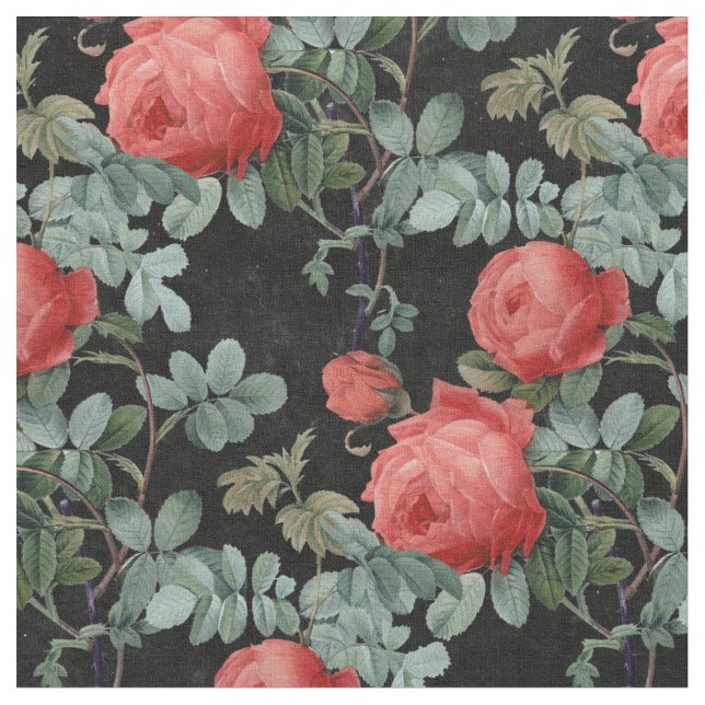 Vintage Red Roses and Leaves on Black Fabric (Close Up)