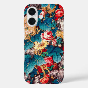 Vintage red roses and lilac floral pattern iPhone 16 case