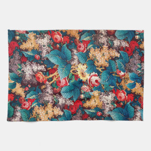 Vintage red roses and lilac floral pattern kitchen towel