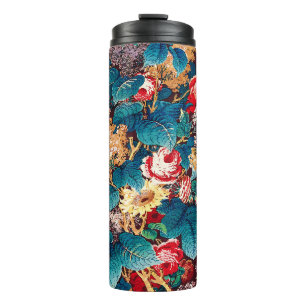 Vintage red roses and lilac floral pattern thermal tumbler