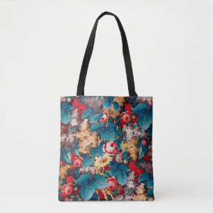 Vintage red roses and lilac floral pattern tote bag
